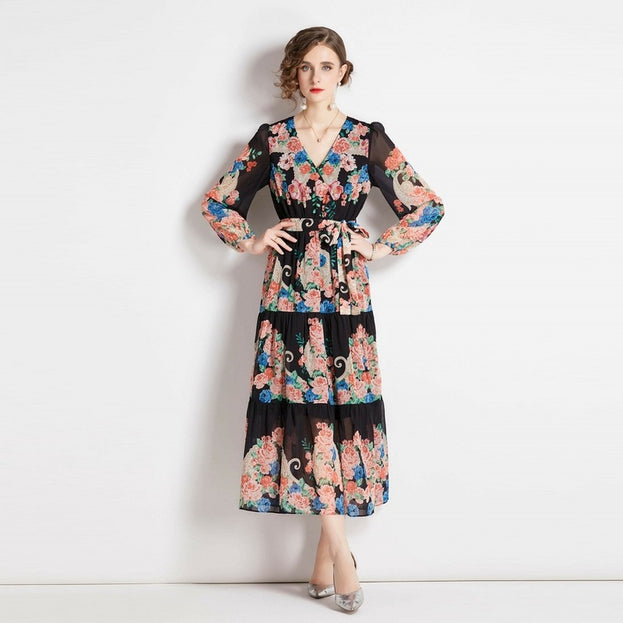 Vintage Print Lantern Sleeve Dress