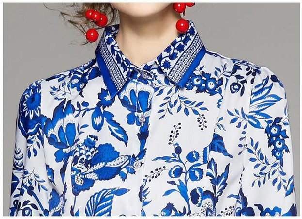 Printed Lapel Long-Sleeved Dress