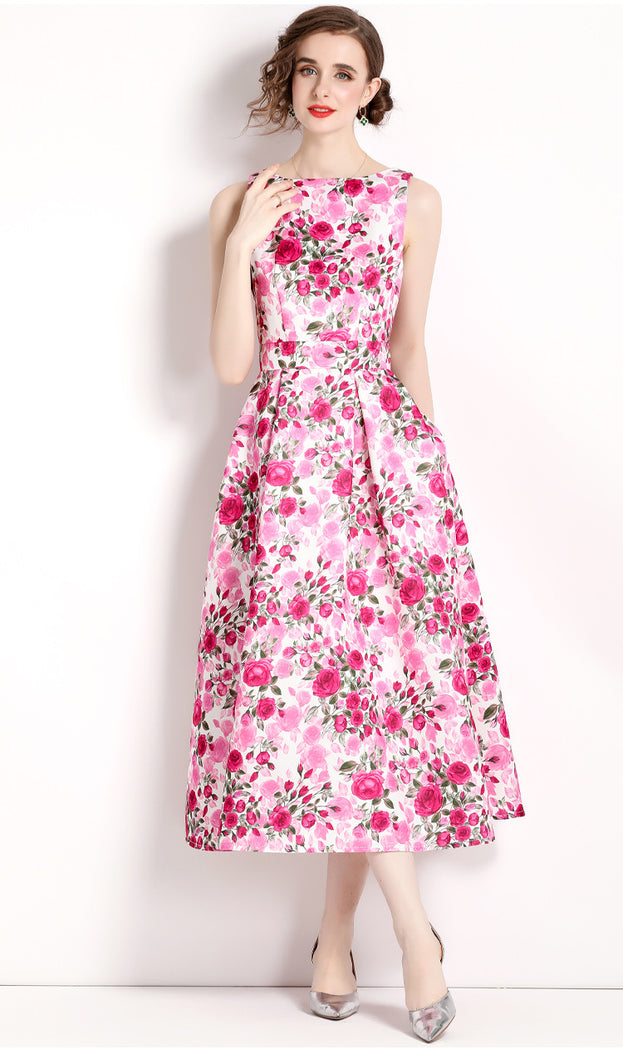 Vintage Print Sleeveless High-Waisted Dress