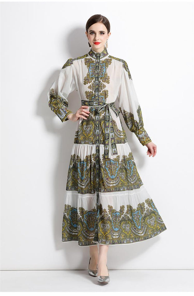 Vintage Print Long-Sleeved Full-Length Skirt Fashion Single-Breasted Stand-Up Collar Dress