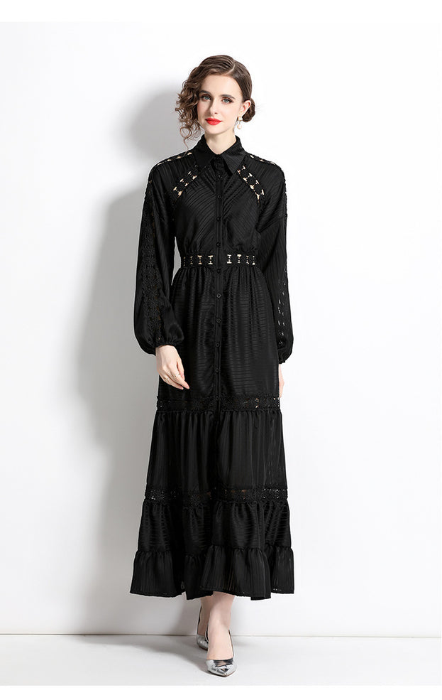 Girl Style Lapel Lantern Sleeve Single-Breasted Water-Soluble Lace Splicing Striped Long Dress