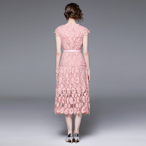 Women's Hollow Out Water-Soluble Flower Embroidery Round Neck Short Sleeve Solid Color Elegant Long Skirt Dress