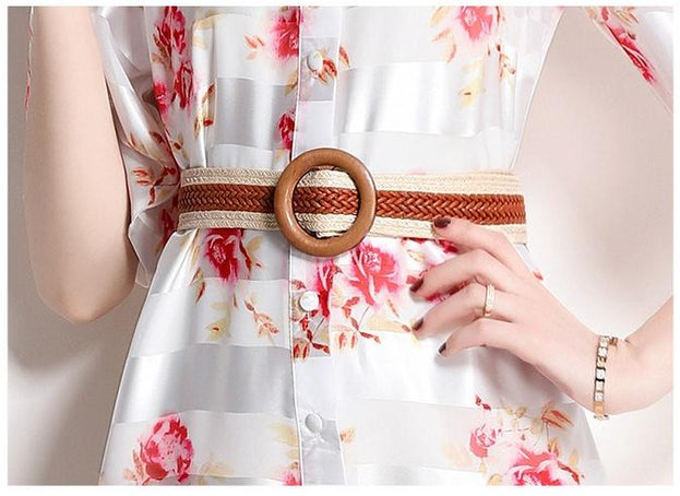 Half High Neck Lantern Sleeve Vintage Print Full-length Dress with Waist Tucked in (with Suspender)