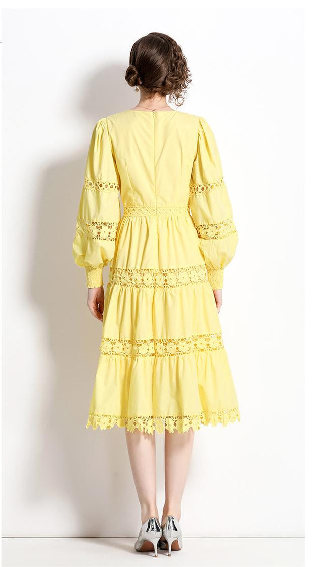 V-Neck Lantern Sleeve Temperament Water-Soluble Lace Stitching Mid-Length Dress
