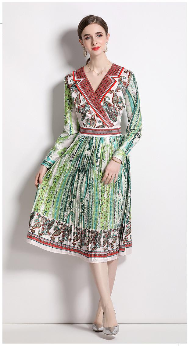 Fashion Suit Collar Tucked Waist Positioning Printed Pleated Dress
