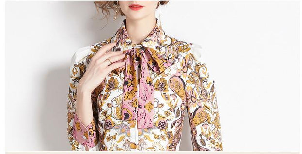 Vintage Lapel Lace-Up Design Printed Dress