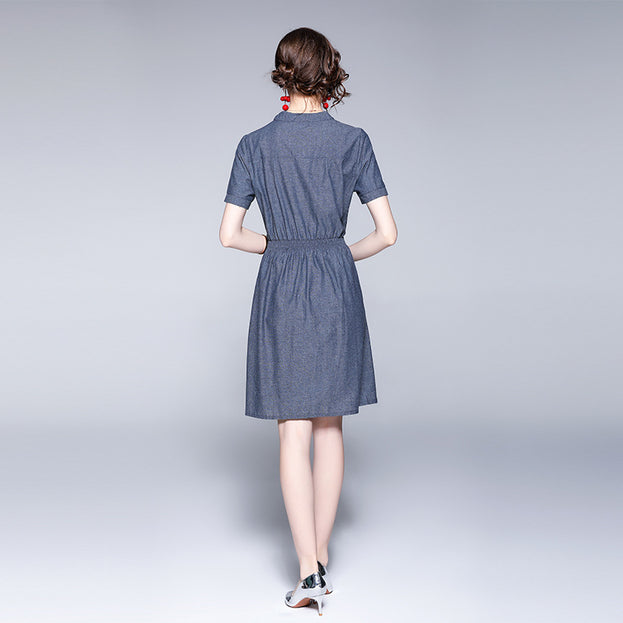 Jacquard Embroidery Stand-Up Collar Half Zipper Denim Dress