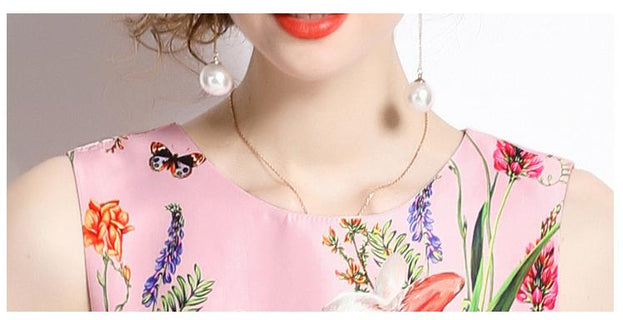 Vintage Print Waist Slimming Sleeveless Dress Mid-Length Skirt