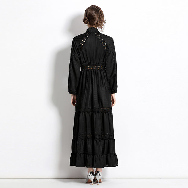 Girl Style Lapel Lantern Sleeve Single-Breasted Water-Soluble Lace Splicing Striped Long Dress