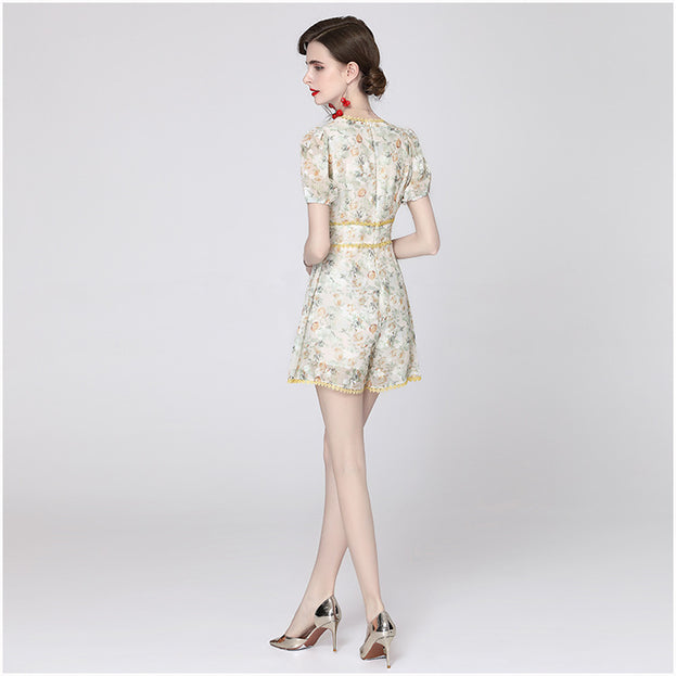V-Neck Short-Sleeved Slim Jumpsuit Temperament Floral Wide-Leg Jumpsuit Shorts