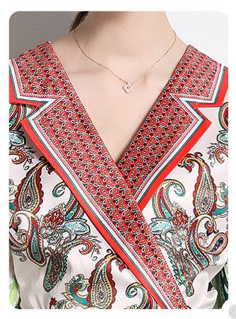 Fashion Suit Collar Tucked Waist Positioning Printed Pleated Dress