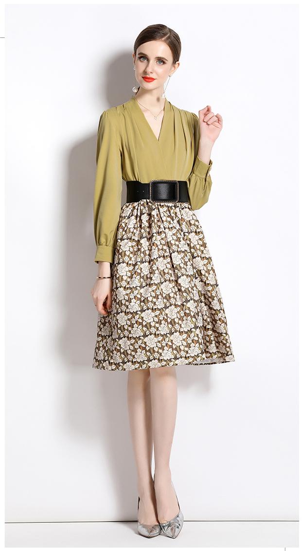 Temperament Waist Slimming V-Neck Long Sleeve MIDI Dress Vintage Print