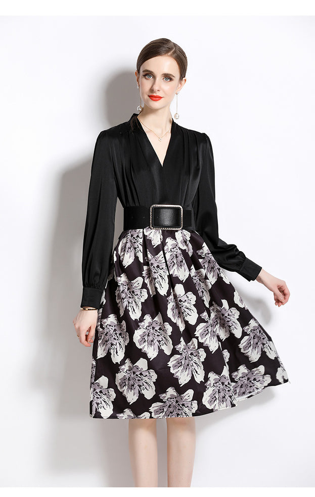 Temperament Waist Slimming V-Neck Long Sleeve MIDI Dress Vintage Print