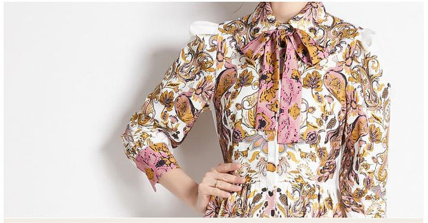 Vintage Lapel Lace-Up Design Printed Dress