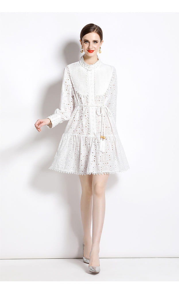 Stand-Up Collar Temperament Continuously Empty Single Breasted Lantern Sleeve Lace-Up Skirt Dress