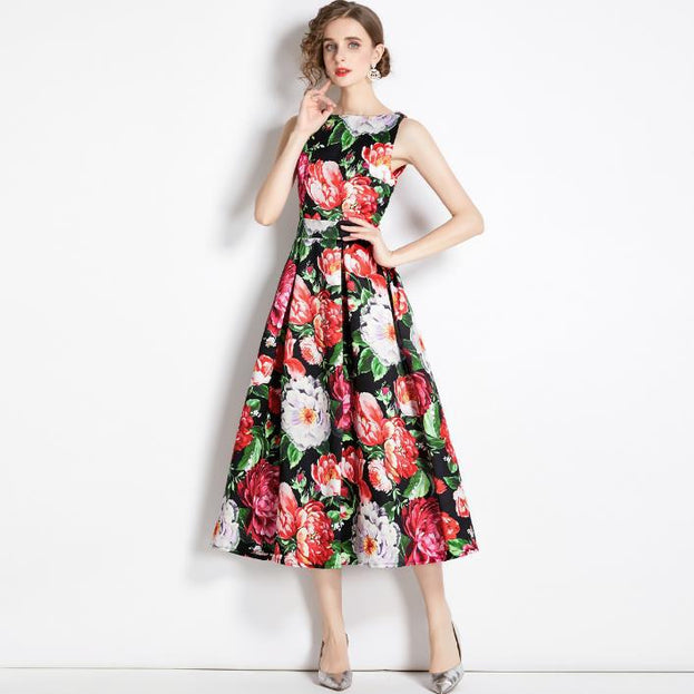 Vintage Print Sleeveless High-Waisted Dress