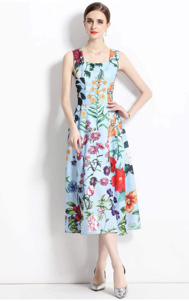 Vintage Print Sleeveless High-Waisted Dress with Slim Waist and Full Skirt