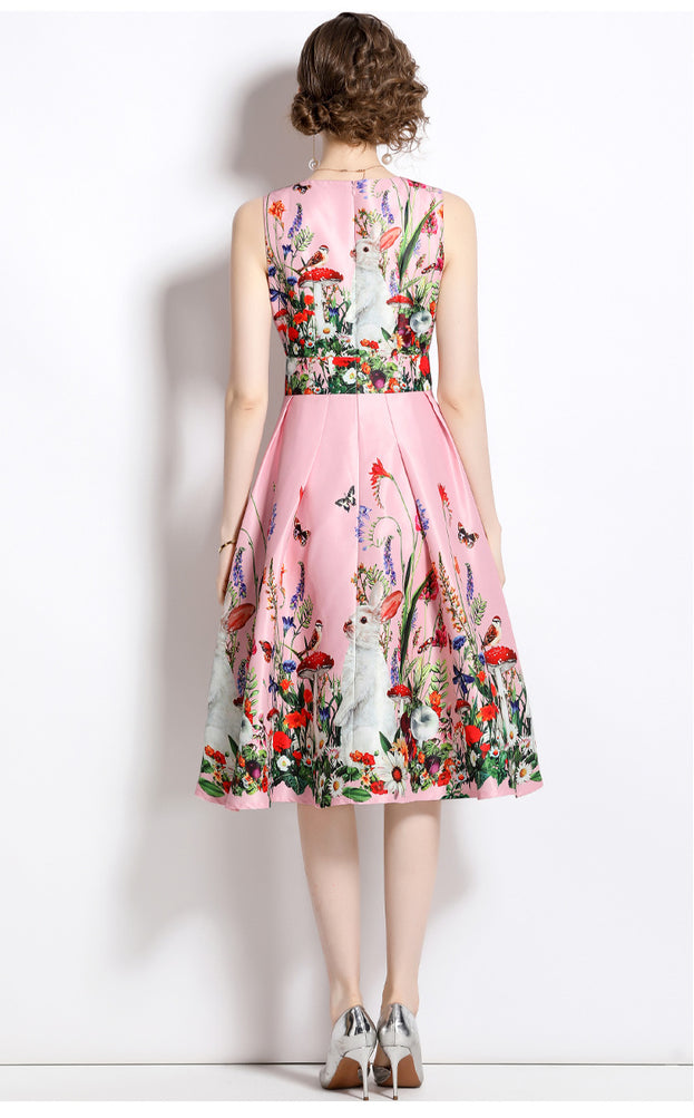 Vintage Print Waist Slimming Sleeveless Dress Mid-Length Skirt