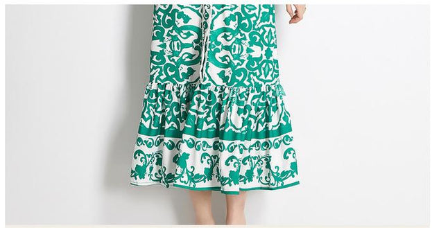 Geometric Print Single Breasted Long Skirt with Small Stand-Up Collar