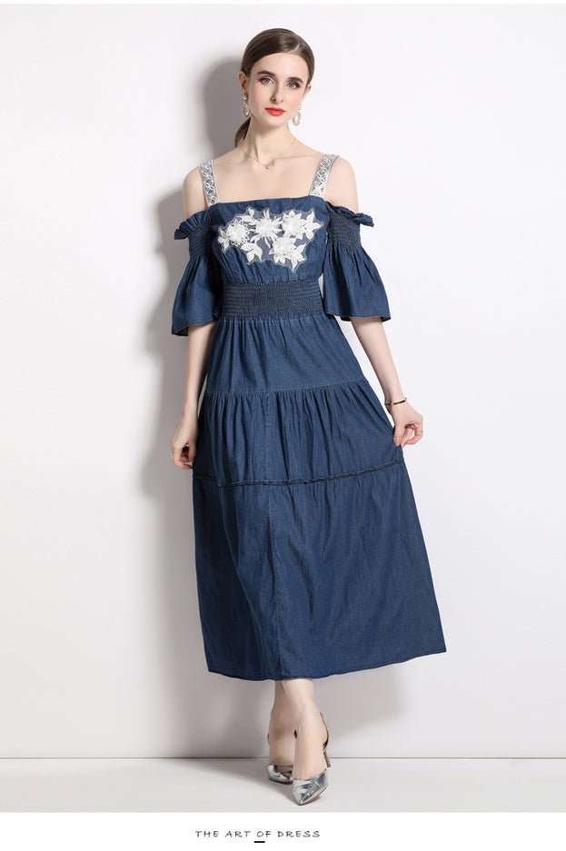 Off Shoulder Bust Embroidery Halter Denim Dress