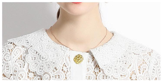 Water-Soluble Floral Embroidery Hollowed Out Lace Collar Short Sleeve Tucked Waist Slimming Dress