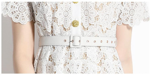 Water-Soluble Floral Embroidery Hollowed Out Lace Collar Short Sleeve Tucked Waist Slimming Dress