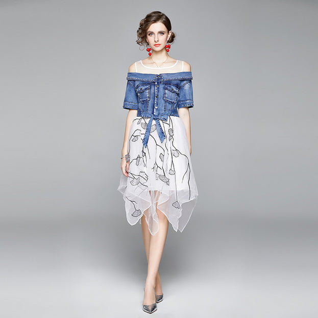 Temperament Off-Shoulder Short Sleeve Denim Patchwork Gauze Skirt Slim Irregular Mid-Skirt Dress