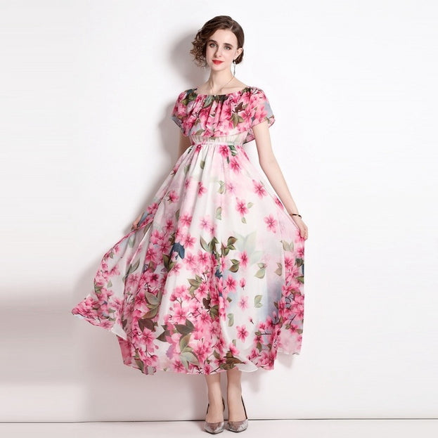 One-line Collar Ruffled Sleeve Waistband Big Wwing Chiffon Print Dress