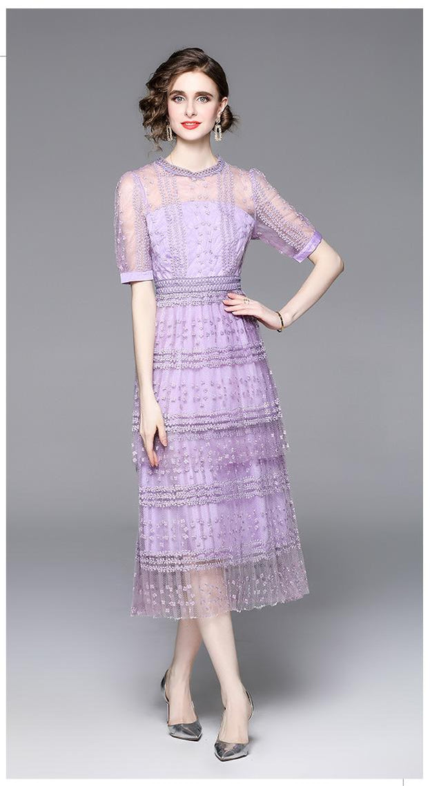 Lace Stitching Mesh Embroidered Crewneck Sexy Short Sleeved Long Skirt Slim Dress
