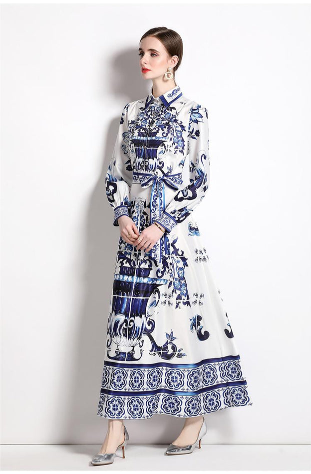 Fashion All-in-One Waist Slimming Blue and White Porcelain Positioning Printed Dress with Belt