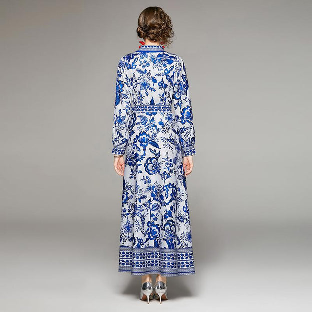 Printed Lapel Long-Sleeved Dress
