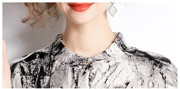 Temperament Fashion Vintage Print Long-Sleeved Dress Slim and Slimming Long Skirt