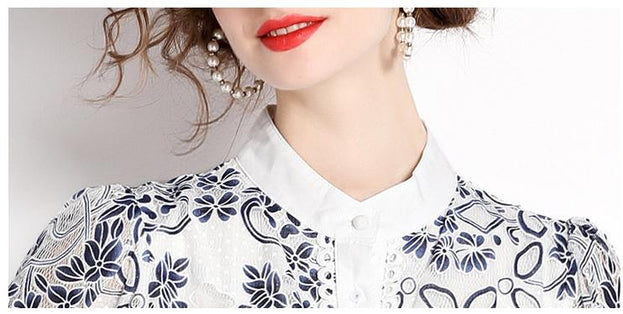 Long-Sleeved Single-Breasted Vintage Print Lace-Up Dress with Waist Tucked in