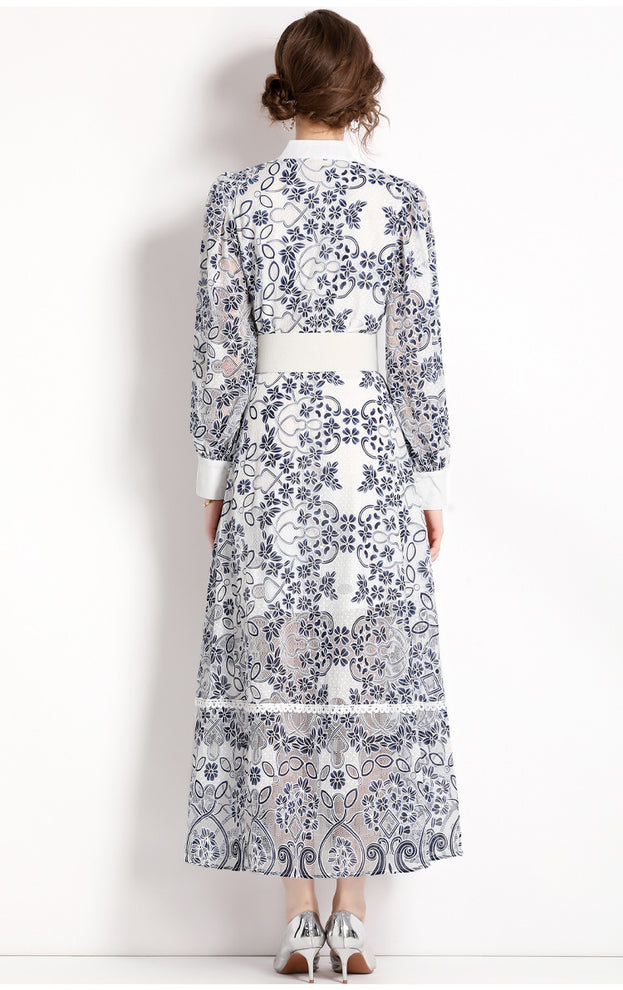 Long-Sleeved Single-Breasted Vintage Print Lace-Up Dress with Waist Tucked in