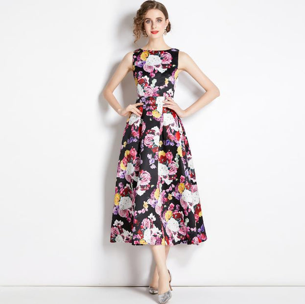Vintage Print Sleeveless High-Waisted Dress
