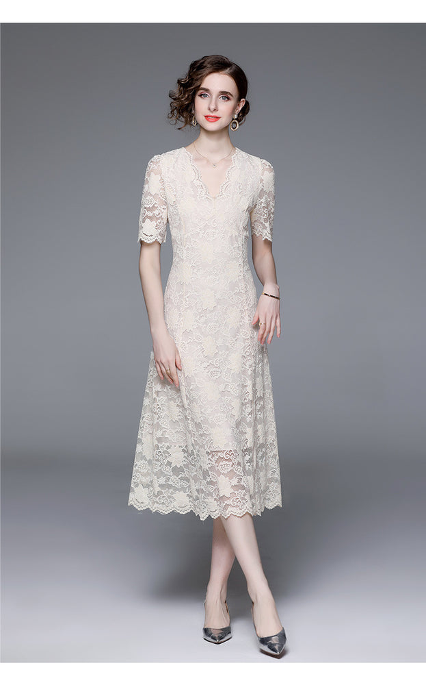 Temperament Retro V-Neck Big Swing Long Hook Flower Hollowed Out Lace Dress