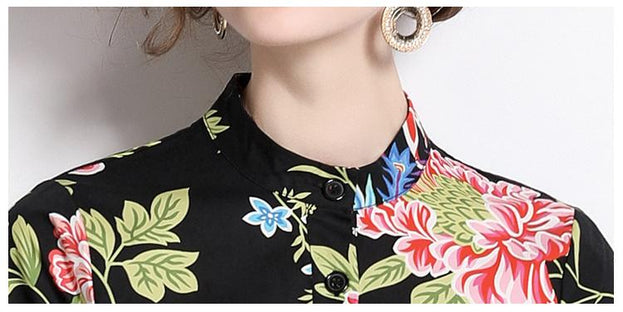Vintage Printed Short-Sleeved Slim-Fit Mid-Length Large-Swing Dress
