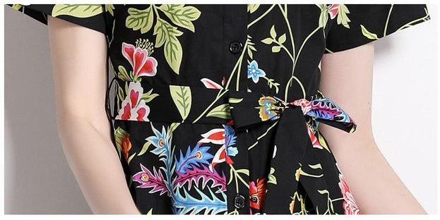 Vintage Printed Short-Sleeved Slim-Fit Mid-Length Large-Swing Dress