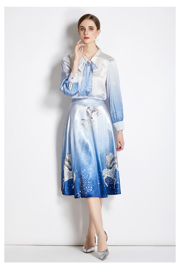 Stylish Top and Skirt Two-Piece Satin Mid-Length Suit