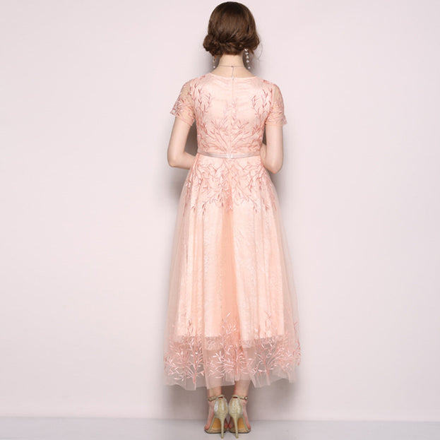 High-Waisted Gauze Embroidered Dress