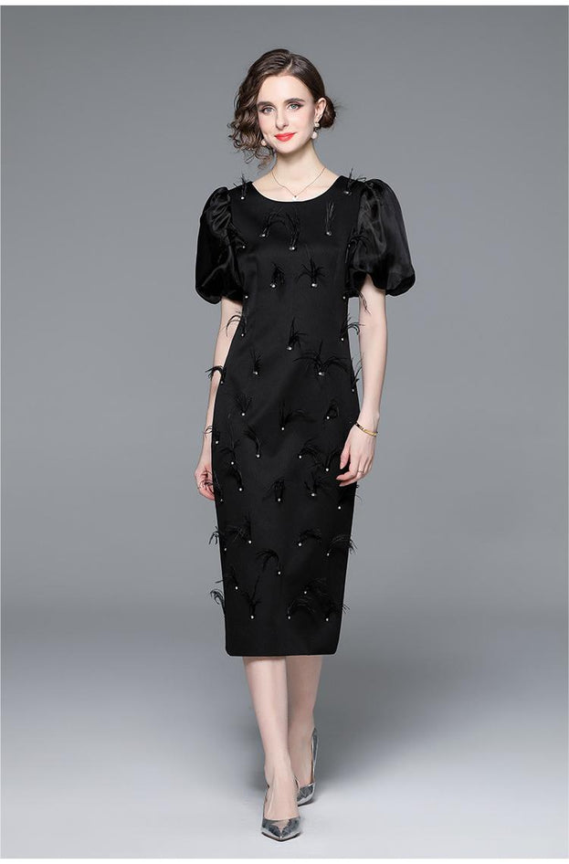 Fashion New Women's Temperament Nail Beads Elegant Thin Slim Mid-Length Short-Sleeved Dress