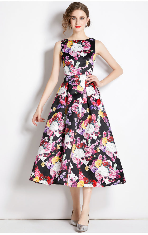 Vintage Print Sleeveless Dress