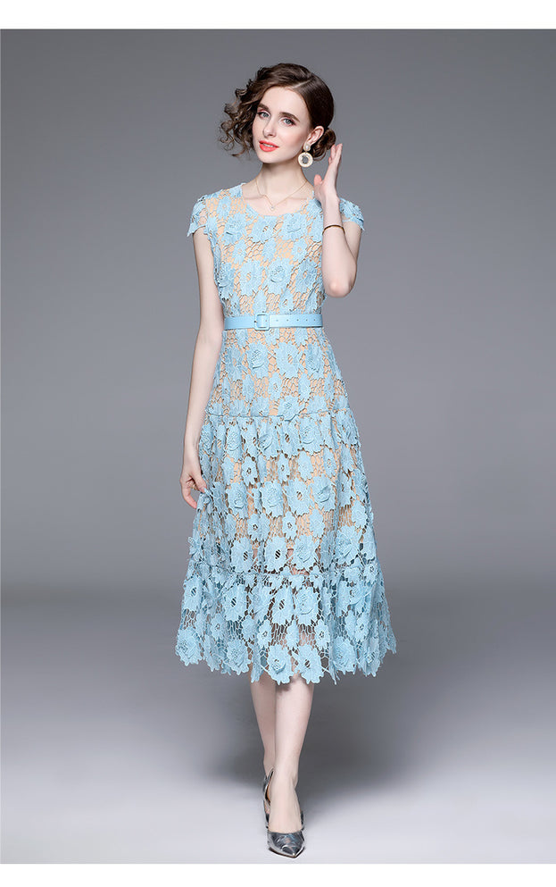 Hollow Oout Water-Soluble Flower Embroidery Round Neck Short Sleeve Solid Color Elegant Long Skirt Dress