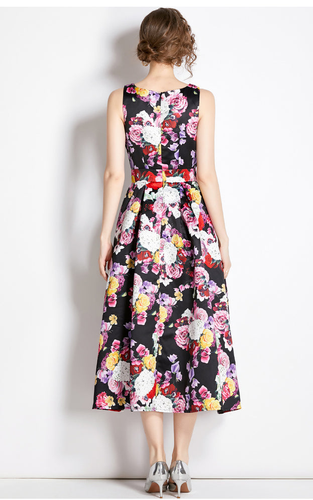 Vintage Print Sleeveless High-Waisted Dress