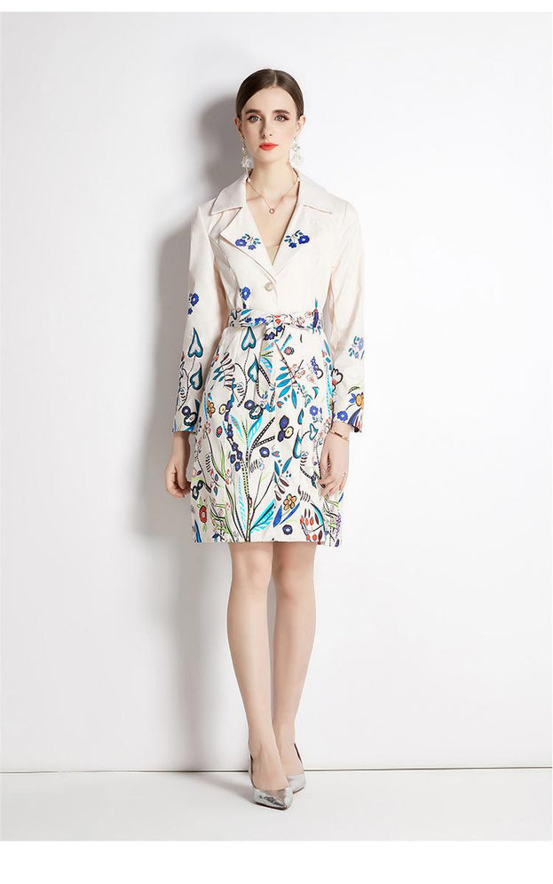Fashion printed suit collar coat temperament waist slimming breasted mid-length trench coat