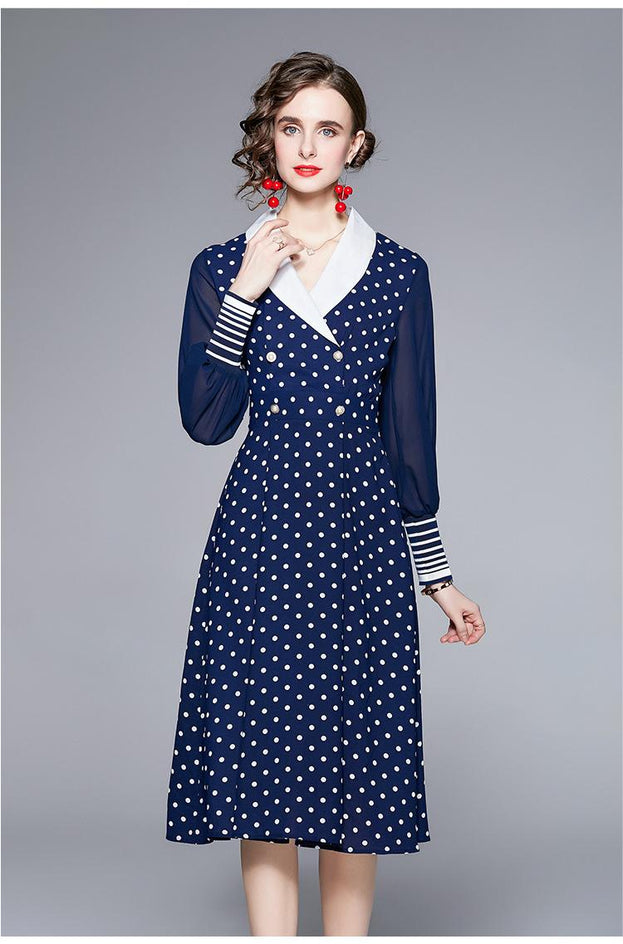 Polka-Dot Chiffon Long-Sleeved Dress