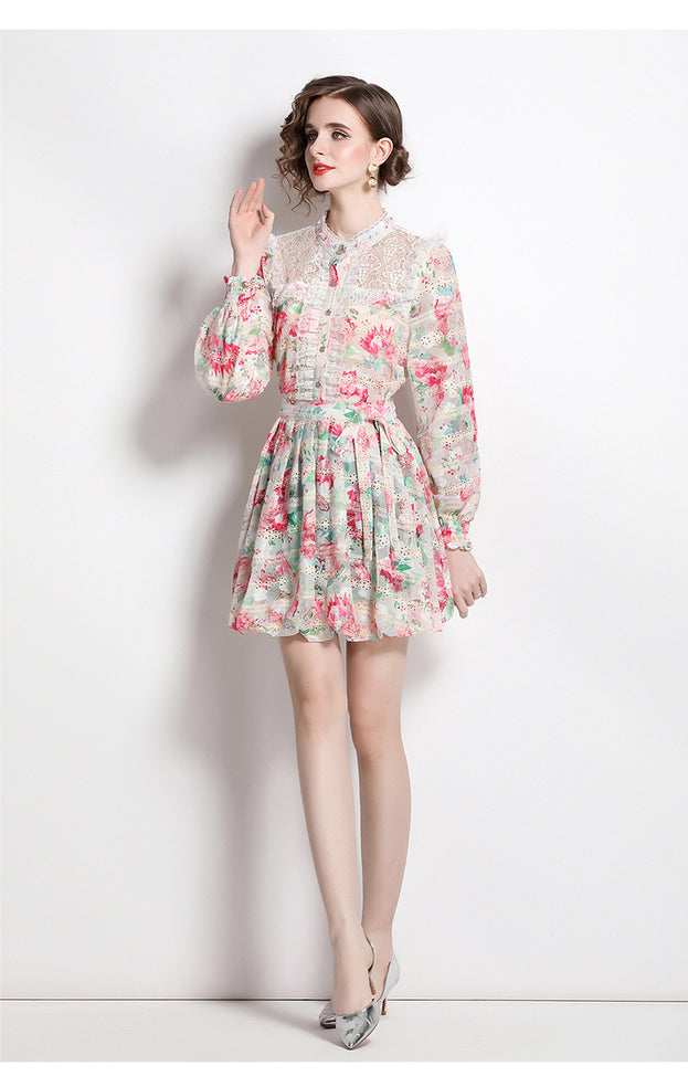 Fashion Printed Embroidery Patchwork Lace  Long-Sleeved Shirt Half Skirt Suit