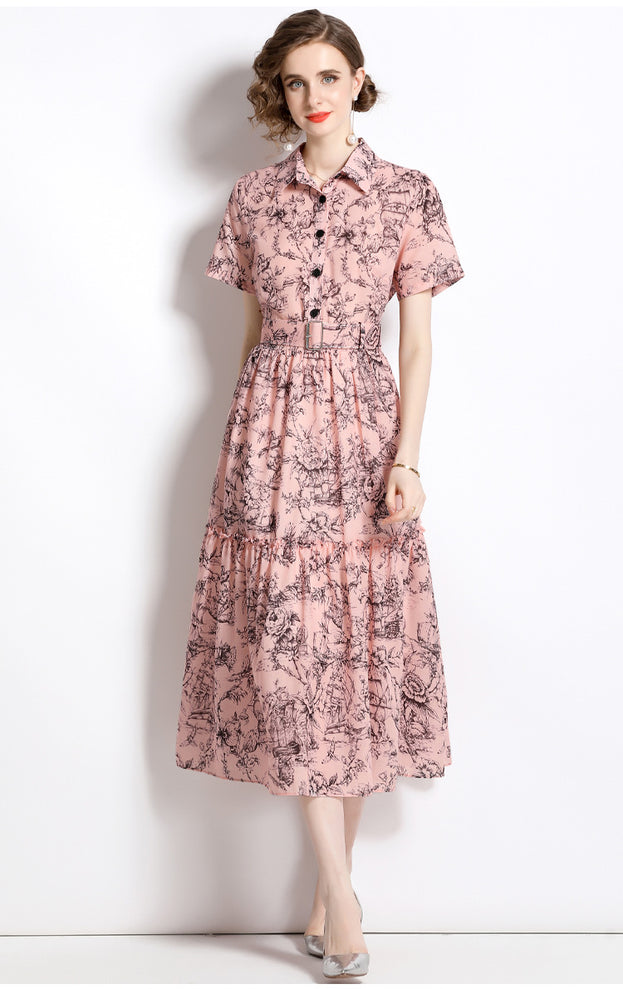 Temperament Vintage Print Short Sleeve Large Swing Slim Lapel Long Skirt Dress