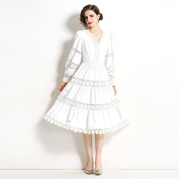 V-Neck Lantern Sleeve Temperament Water-Soluble Lace Stitching Mid-Length Dress