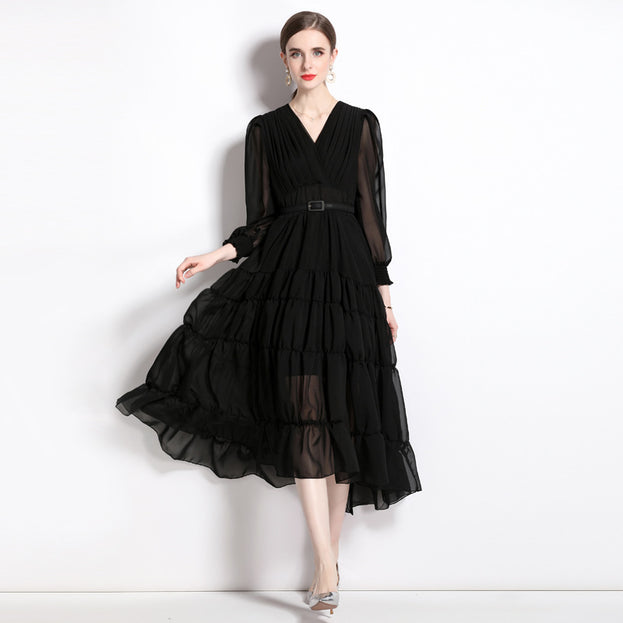V-Neck Long Sleeved Solid Color Chiffon Waist Slimming Long Skirt Dress